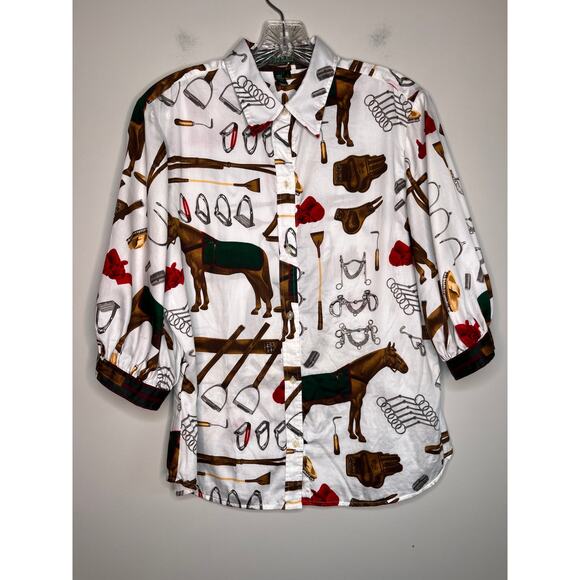 Lauren Ralph Lauren Equestrian Horses Bit Bridle Old Money Button Up Shirt L - Picture 1 of 4